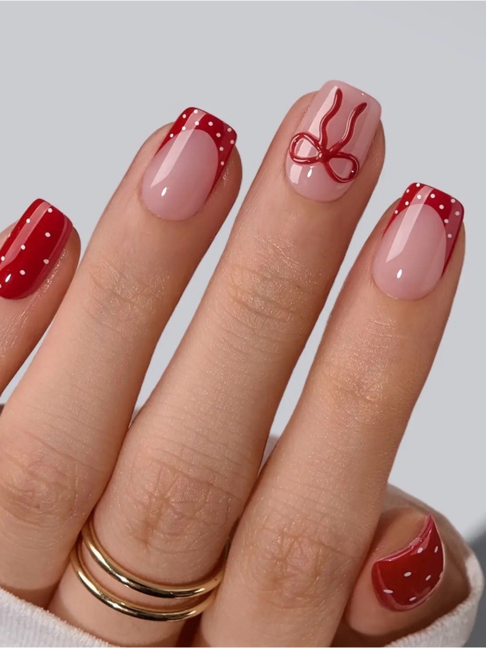 Red Polka Dot French Tip Press-On Nails with Bow Accent - Short